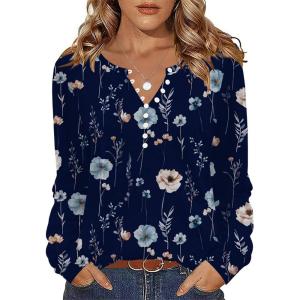 imageZeagoo Fall Tops for Women Long Sleeve Button Up Shirts Floral Tunics V Neck Pullover BlouseNavy Flower