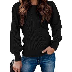 imageZeagoo Womens Sweaters Fall 2025 Dressy Casual Long Sleeve Shirts Ribbed Knit Winter Outfits Puff Pullover Jumper TopsA Black