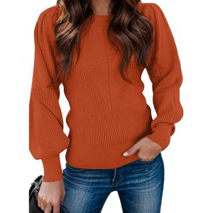 imageZeagoo Womens Sweaters Fall 2025 Dressy Casual Long Sleeve Shirts Ribbed Knit Winter Outfits Puff Pullover Jumper TopsA Brickred