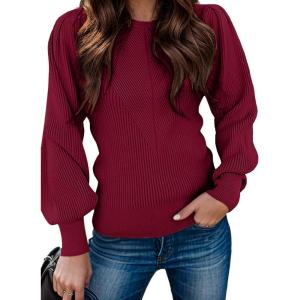 imageZeagoo Womens Sweaters Fall 2025 Dressy Casual Long Sleeve Shirts Ribbed Knit Winter Outfits Puff Pullover Jumper TopsA Red