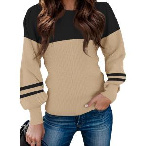 imageZeagoo Womens Sweaters Fall 2025 Dressy Casual Long Sleeve Shirts Ribbed Knit Winter Outfits Puff Pullover Jumper TopsB Black Khaki
