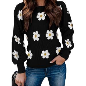 imageZeagoo Womens Sweaters Fall 2025 Dressy Casual Long Sleeve Shirts Ribbed Knit Winter Outfits Puff Pullover Jumper TopsB Floral Black
