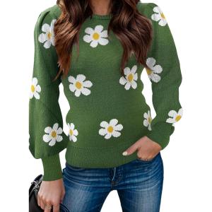 imageZeagoo Womens Sweaters Fall 2025 Dressy Casual Long Sleeve Shirts Ribbed Knit Winter Outfits Puff Pullover Jumper TopsB Floral Green