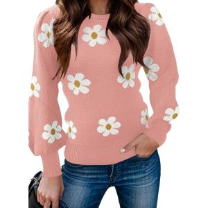 imageZeagoo Womens Sweaters Fall 2025 Dressy Casual Long Sleeve Shirts Ribbed Knit Winter Outfits Puff Pullover Jumper TopsB Floral Pink