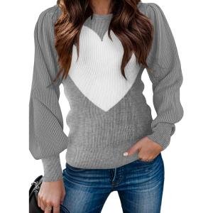 imageZeagoo Womens Sweaters Fall 2025 Dressy Casual Long Sleeve Shirts Ribbed Knit Winter Outfits Puff Pullover Jumper TopsC Grey White Heart