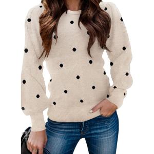 imageZeagoo Womens Sweaters Fall 2025 Dressy Casual Long Sleeve Shirts Ribbed Knit Winter Outfits Puff Pullover Jumper TopsC Khaki Polka Dots