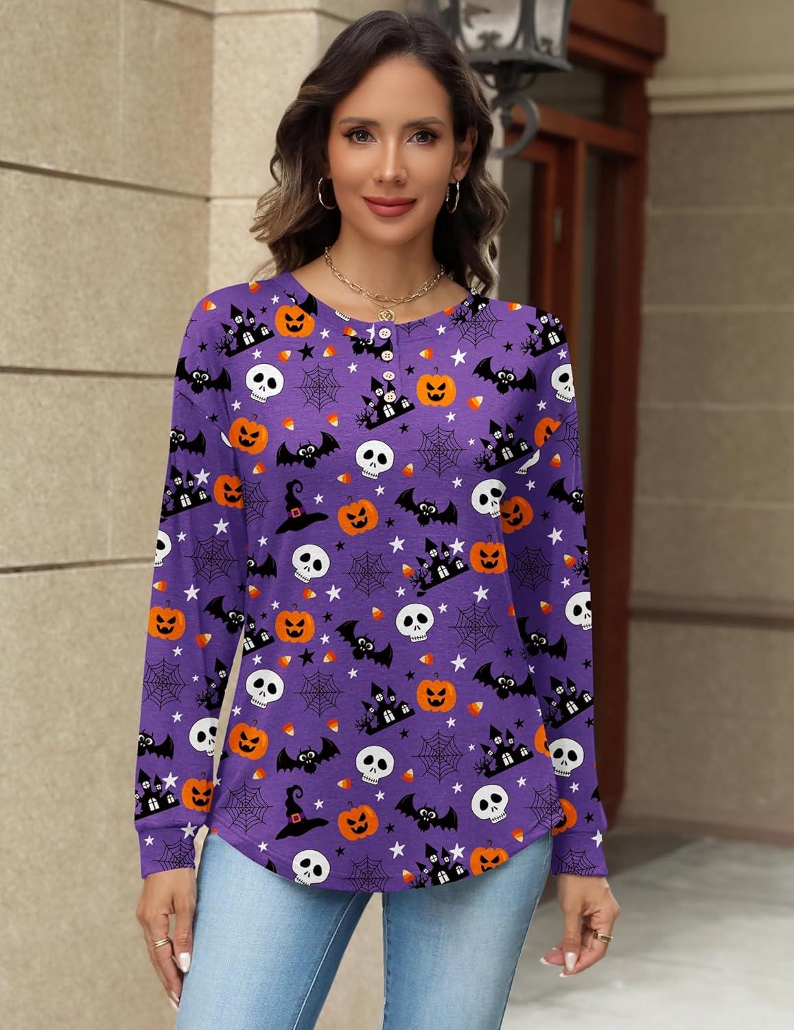 imageZeagoo Long Sleeve Shirts for Women Henley T Shirts Loose Fit Tunics Dressy Casual Work Blouses Fall Fashion TopsHalloween Purple