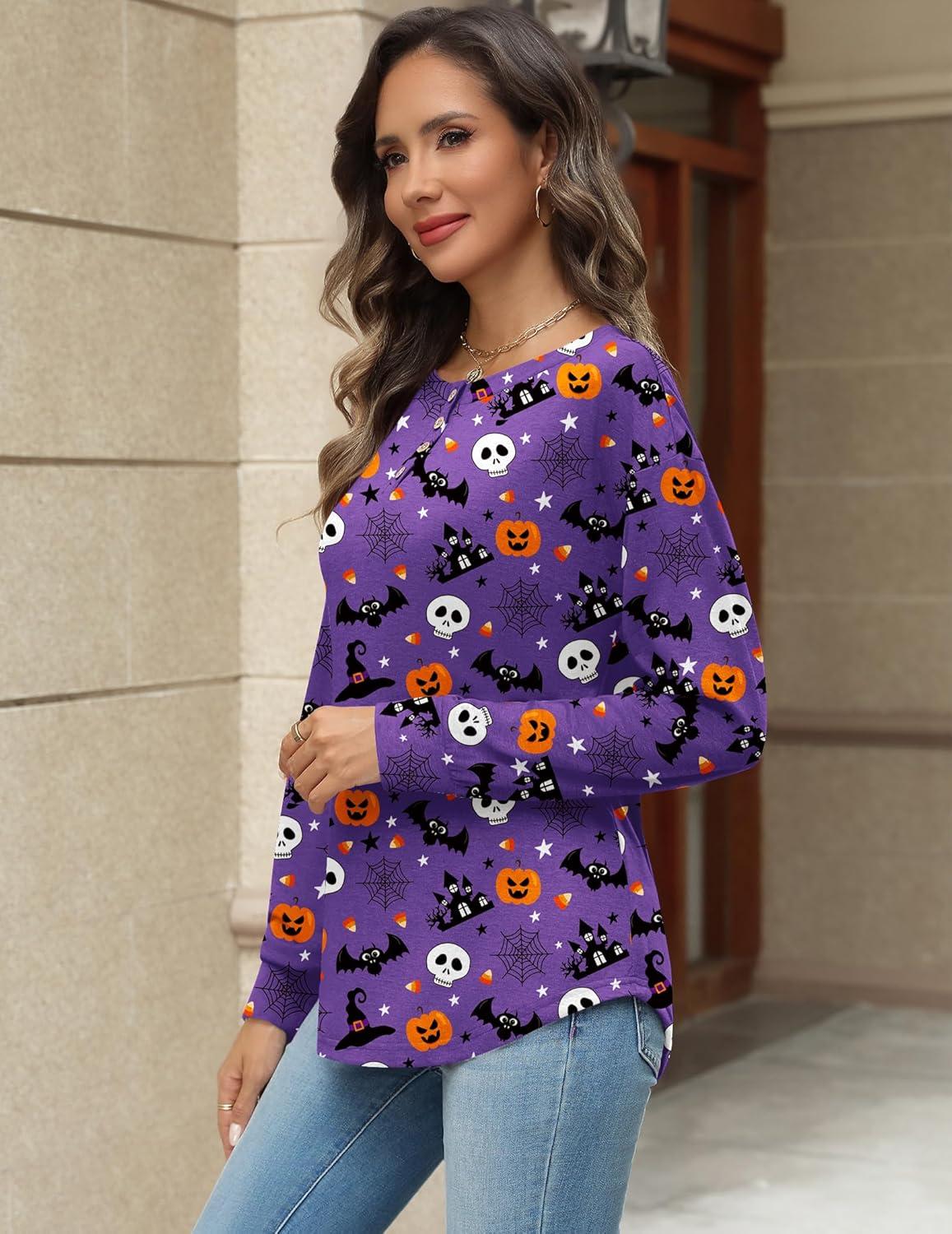 imageZeagoo Long Sleeve Shirts for Women Henley T Shirts Loose Fit Tunics Dressy Casual Work Blouses Fall Fashion TopsHalloween Purple