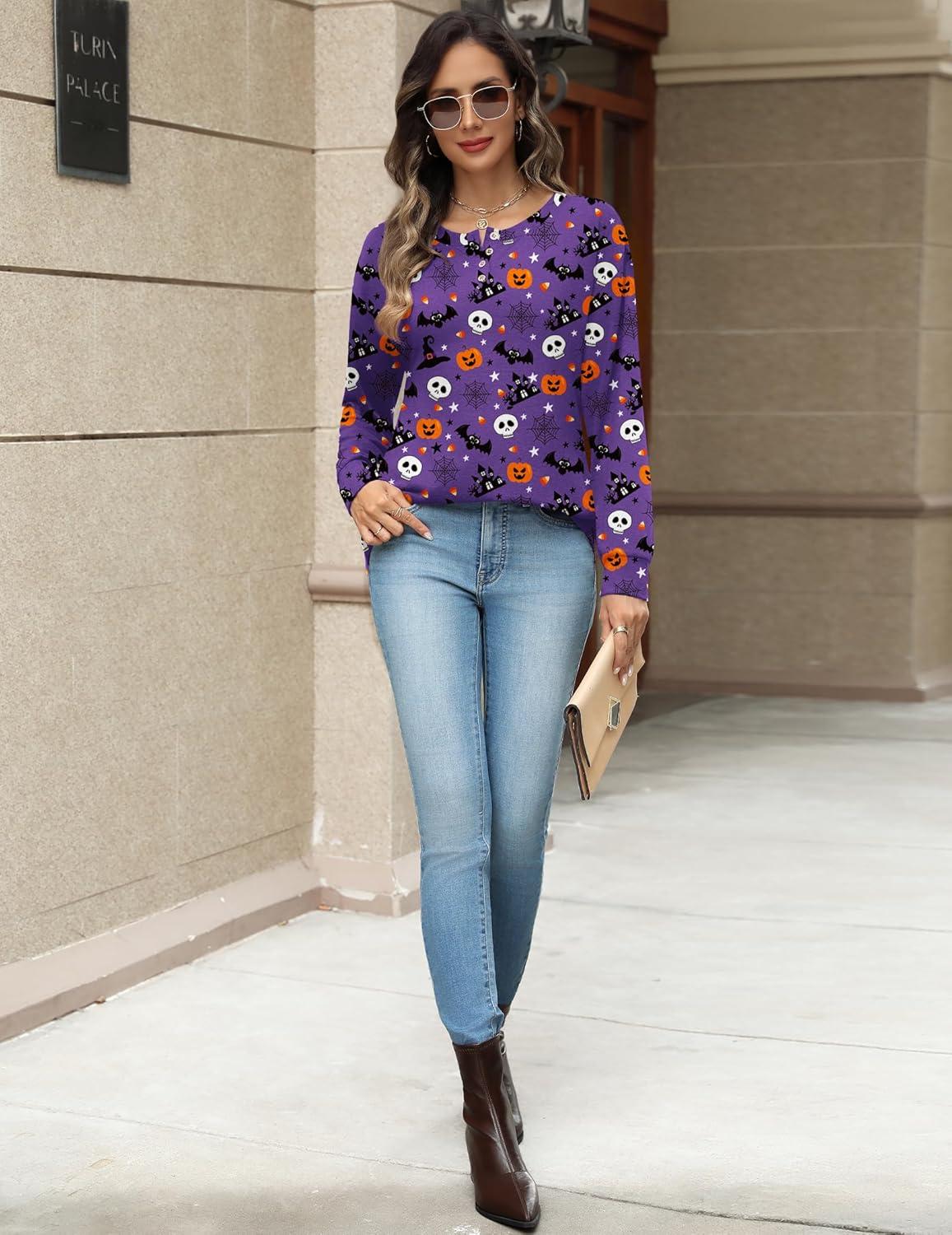 imageZeagoo Long Sleeve Shirts for Women Henley T Shirts Loose Fit Tunics Dressy Casual Work Blouses Fall Fashion TopsHalloween Purple
