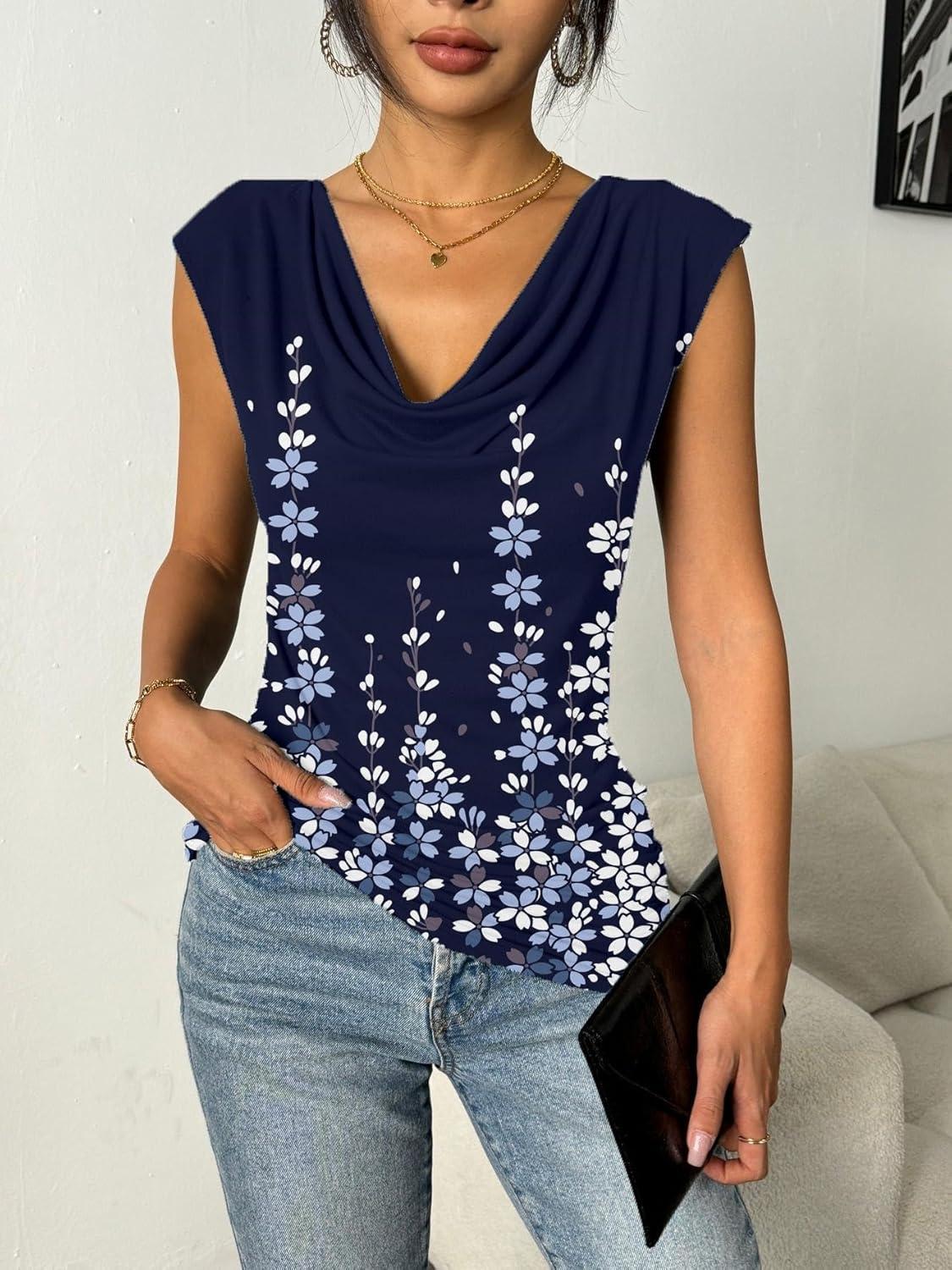 imageZeagoo Tank Top for Women Trendy Going Out Tops Sleeveless Shirts Ruched Business Casual Basic Tunic TopsFloral Navy