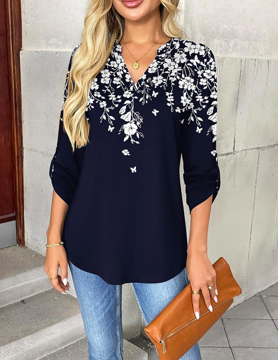 imageZeagoo Womens Roll Up Long Sleeve Tops V Neck Shirts Dressy Casual Work Blouses S2XLSf103