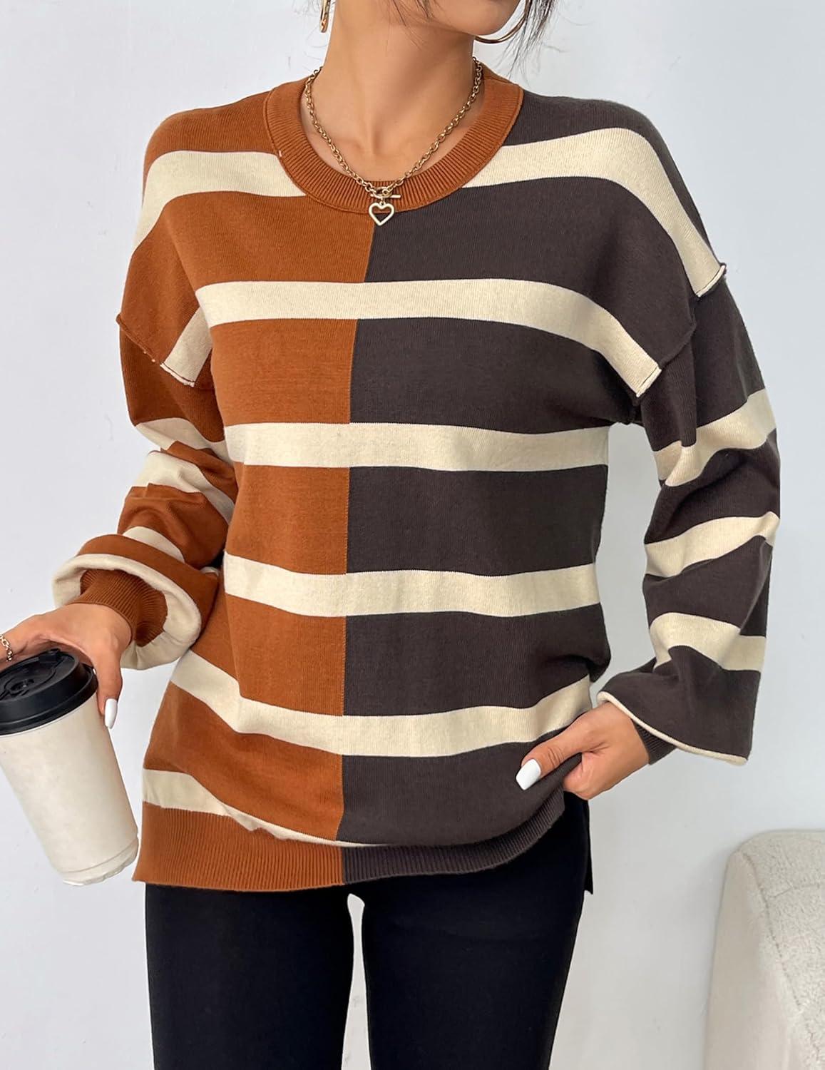 imageZeagoo Womens Striped Oversized Sweater 2025 Crew Neck Long Sleeve Knitted Color Block Casual Loose Pullover TopBrownblack Stripe