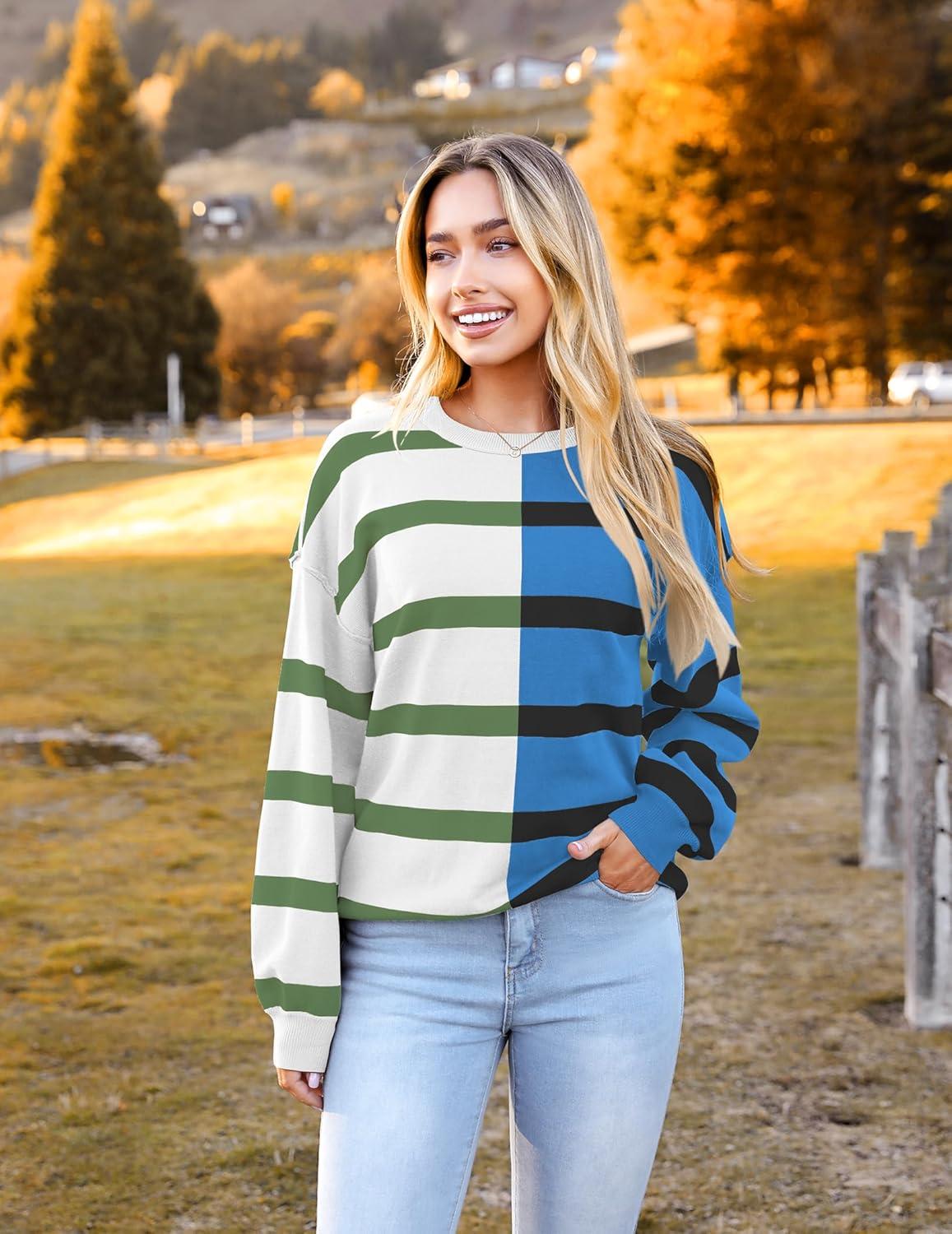 imageZeagoo Womens Striped Oversized Sweater 2025 Crew Neck Long Sleeve Knitted Color Block Casual Loose Pullover TopWhiteblue Stripe