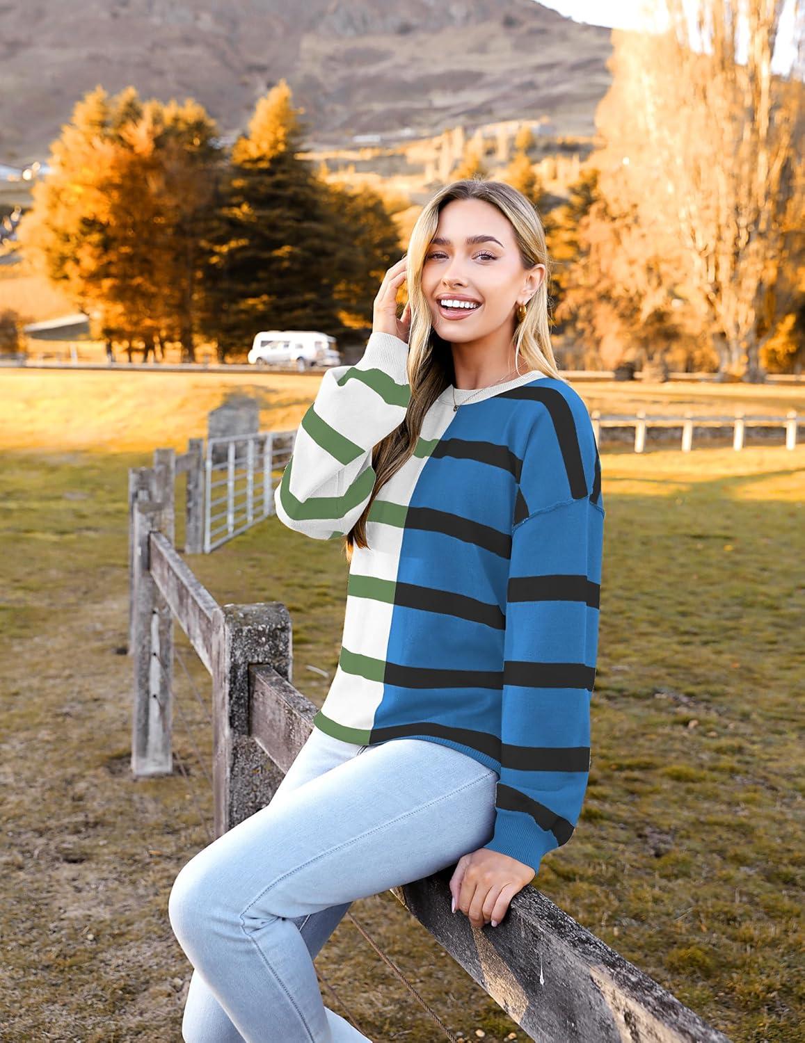 imageZeagoo Womens Striped Oversized Sweater 2025 Crew Neck Long Sleeve Knitted Color Block Casual Loose Pullover TopWhiteblue Stripe