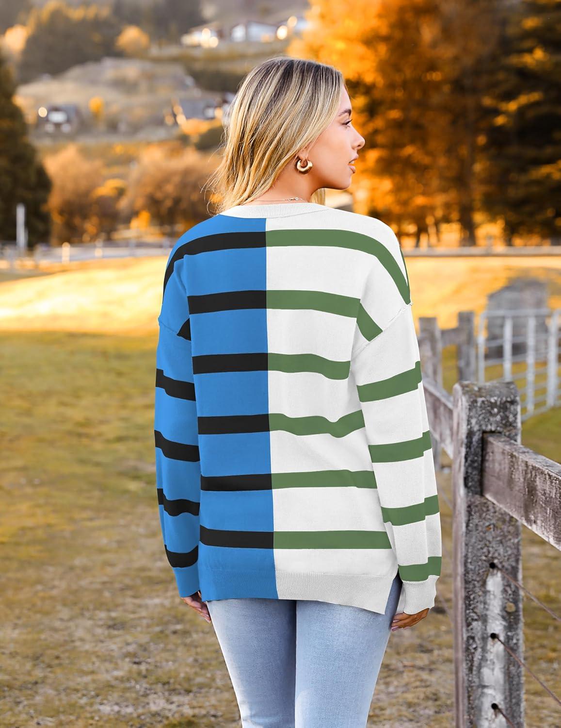 imageZeagoo Womens Striped Oversized Sweater 2025 Crew Neck Long Sleeve Knitted Color Block Casual Loose Pullover TopWhiteblue Stripe