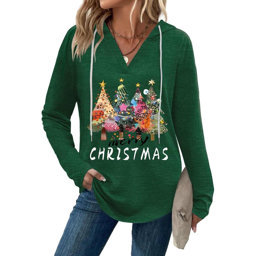 imageZeagoo Hoodies for Women Long Sleeve Drawstring V Neck Pullover Sweatshirts Shirts Loose Casual Fall Tops03christmas Green
