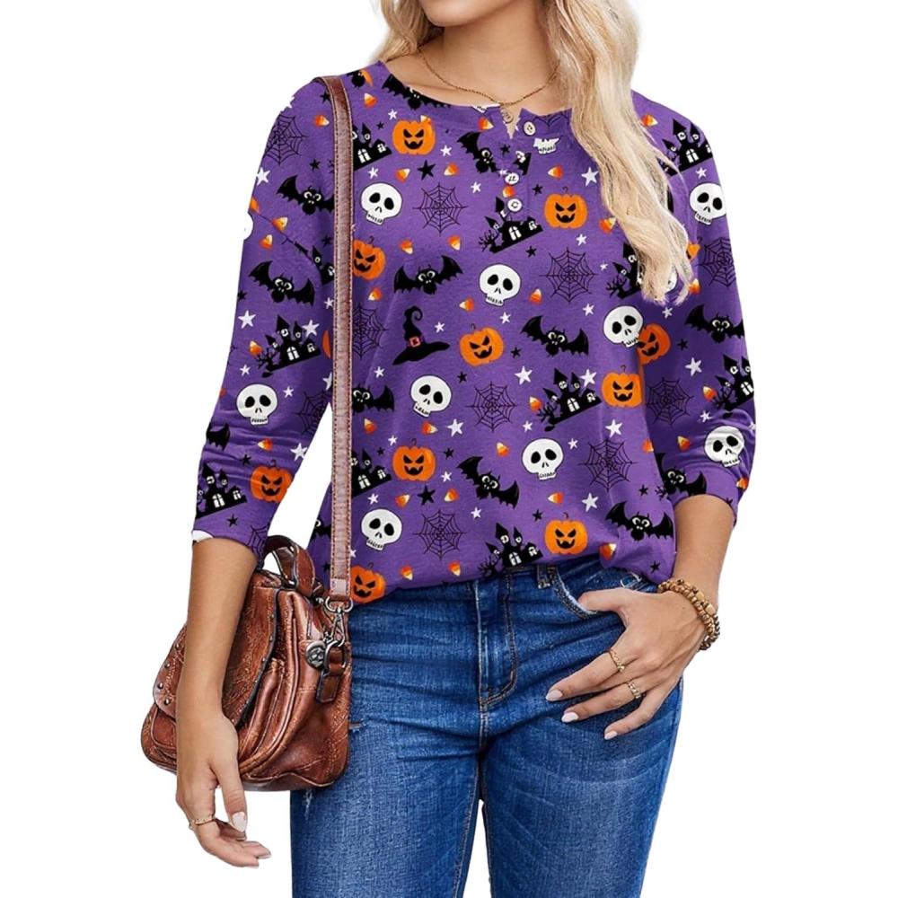 imageZeagoo Long Sleeve Shirts for Women Henley T Shirts Loose Fit Tunics Dressy Casual Work Blouses Fall Fashion TopsHalloween Purple