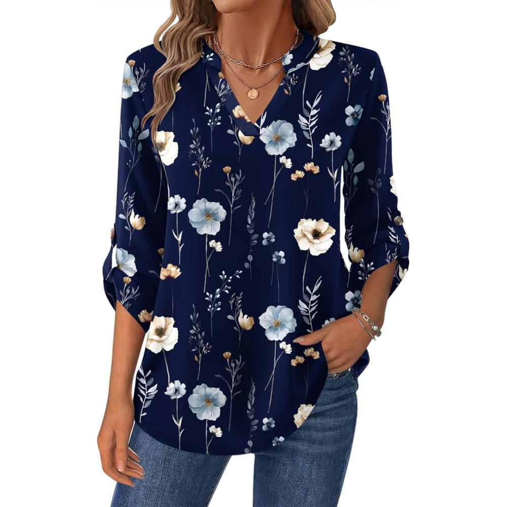 imageZeagoo Womens Roll Up Long Sleeve Tops V Neck Shirts Dressy Casual Work Blouses S2XLBf318