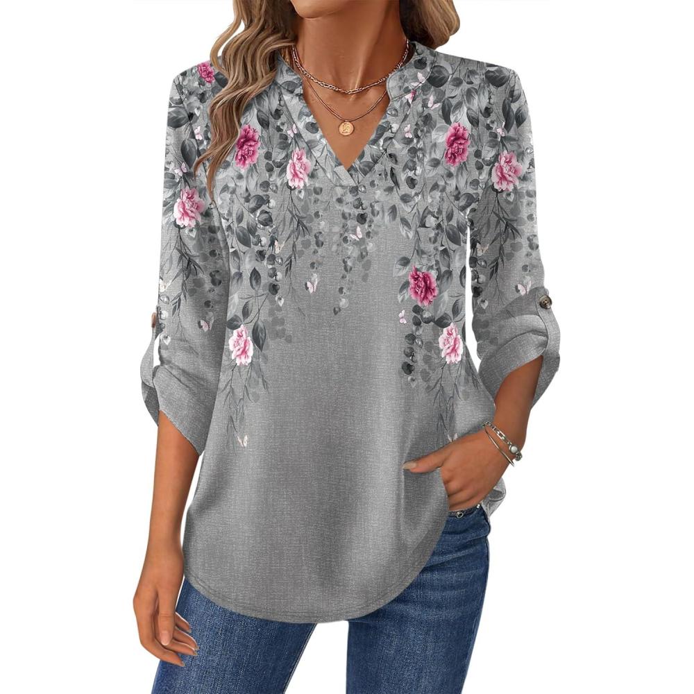 imageZeagoo Womens Roll Up Long Sleeve Tops V Neck Shirts Dressy Casual Work Blouses S2XLHf36