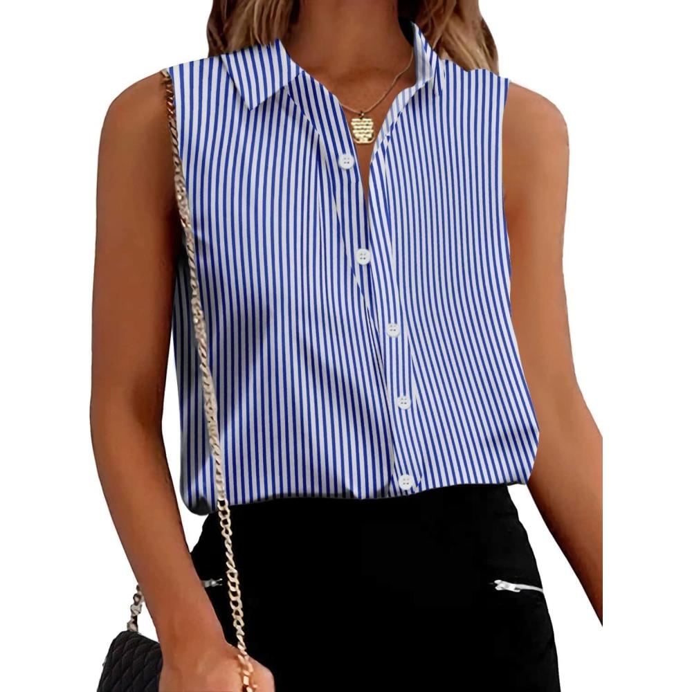 imageZeagoo Womens Sleeveless Button Down Shirts Blouses Solid Casual Loose V Neck Tank Tops for Work SXXLBlue Stripe 1