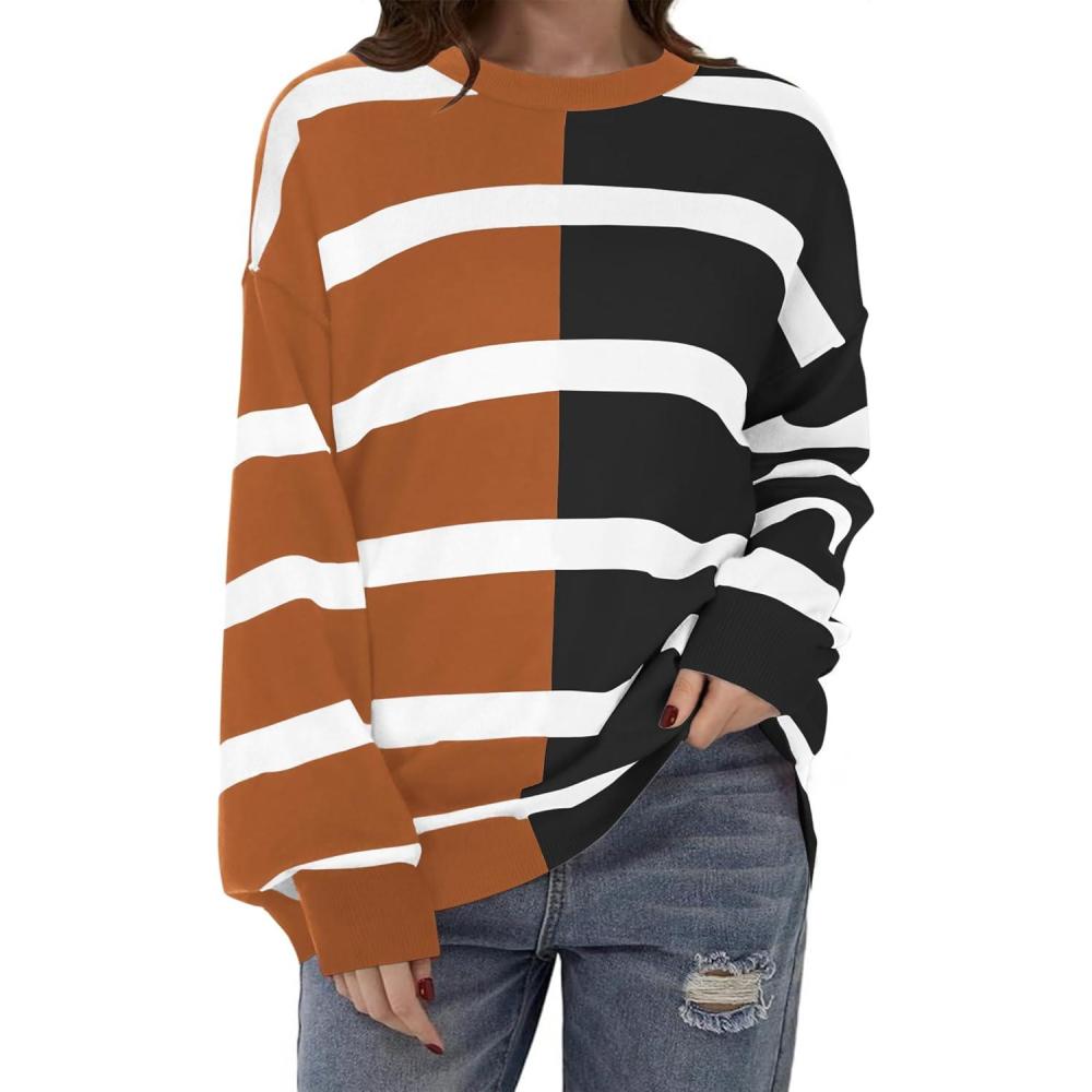 imageZeagoo Womens Striped Oversized Sweater 2025 Crew Neck Long Sleeve Knitted Color Block Casual Loose Pullover TopBrownblack Stripe