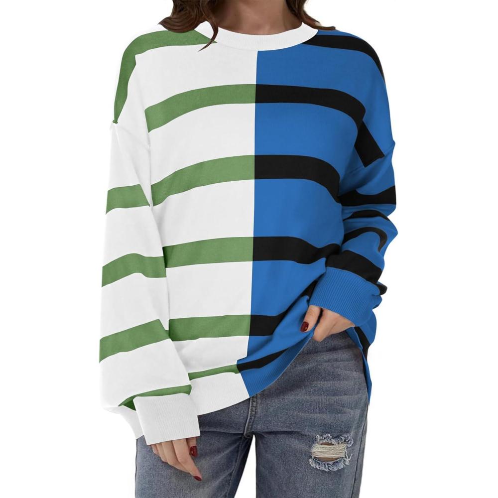 imageZeagoo Womens Striped Oversized Sweater 2025 Crew Neck Long Sleeve Knitted Color Block Casual Loose Pullover TopWhiteblue Stripe