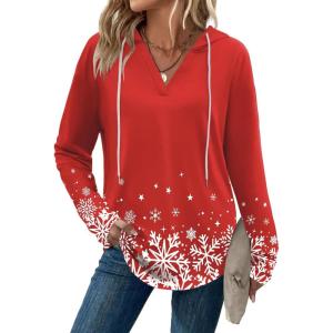 imageZeagoo Hoodies for Women Long Sleeve Drawstring V Neck Pullover Sweatshirts Shirts Loose Casual Fall Tops02christmas Red