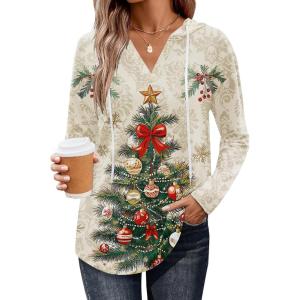 imageZeagoo Hoodies for Women Long Sleeve Drawstring V Neck Pullover Sweatshirts Shirts Loose Casual Fall Tops04christmas Khaki