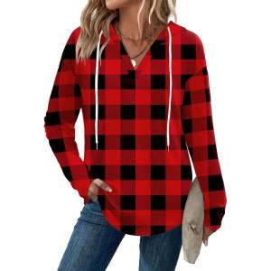 imageZeagoo Hoodies for Women Long Sleeve Drawstring V Neck Pullover Sweatshirts Shirts Loose Casual Fall Tops05red Plaid