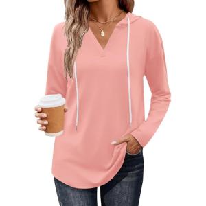 imageZeagoo Hoodies for Women Long Sleeve Drawstring V Neck Pullover Sweatshirts Shirts Loose Casual Fall TopsPink