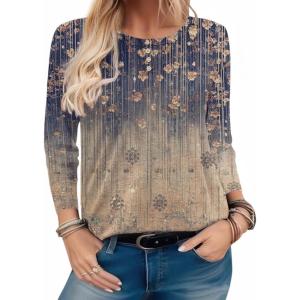 imageZeagoo Long Sleeve Shirts for Women Henley T Shirts Loose Fit Tunics Dressy Casual Work Blouses Fall Fashion TopsFloral Grey  Khaki