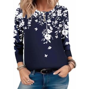 imageZeagoo Long Sleeve Shirts for Women Henley T Shirts Loose Fit Tunics Dressy Casual Work Blouses Fall Fashion TopsFloral Navy