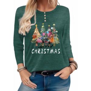 imageZeagoo Long Sleeve Shirts for Women Henley T Shirts Loose Fit Tunics Dressy Casual Work Blouses Fall Fashion TopsGreen Christmas Tree