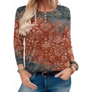 imageZeagoo Long Sleeve Shirts for Women Henley T Shirts Loose Fit Tunics Dressy Casual Work Blouses Fall Fashion TopsMulticolor Ethnic Printed