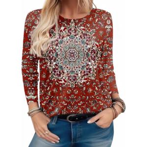 imageZeagoo Long Sleeve Shirts for Women Henley T Shirts Loose Fit Tunics Dressy Casual Work Blouses Fall Fashion TopsRed Ethnic Printed