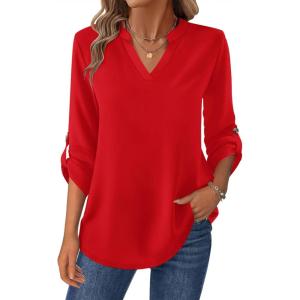 imageZeagoo Womens Roll Up Long Sleeve Tops V Neck Shirts Dressy Casual Work Blouses S2XLRed