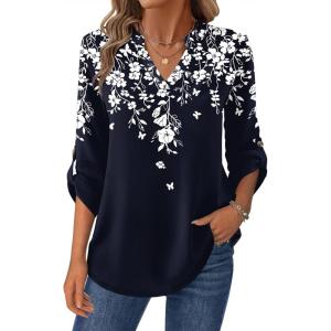 imageZeagoo Womens Roll Up Long Sleeve Tops V Neck Shirts Dressy Casual Work Blouses S2XLSf103