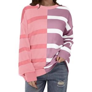 imageZeagoo Womens Striped Oversized Sweater 2025 Crew Neck Long Sleeve Knitted Color Block Casual Loose Pullover TopPinkpurple Stripe