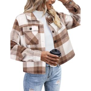 imageZeagoo Flannels for Women Cropped Shacket Jacket Fashion Plaid Button Down Shirt 2025 Fall Coat TopsZgw20