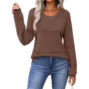 imageZeagoo Sweaters for Women Long Sleeve Tops Soft Knit Crew Neck Pullover Sweater Lightweight Crochet 2025 Fall OutfitsA Brown