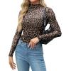 imageZeagoo Womens Mesh Sheer Long Sleeve Top Mock Turtle Neck See Though Shirts Ruched Sexy Casual Going Out BlousesLeopard