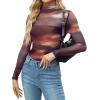 imageZeagoo Womens Mesh Sheer Long Sleeve Top Mock Turtle Neck See Though Shirts Ruched Sexy Casual Going Out BlousesTie Dye Print
