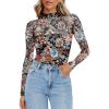 imageZeagoo Womens Mesh Sheer Long Sleeve Top Mock Turtle Neck See Though Shirts Ruched Sexy Casual Going Out BlousesFloral Print