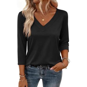 imageZeagoo 34 Length Sleeve Womens Tops V Neck Shirt Dressy Casual Blouse Basic Tshirts 2025 Fashion Clothing S2XLBlack