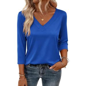 imageZeagoo 34 Length Sleeve Womens Tops V Neck Shirt Dressy Casual Blouse Basic Tshirts 2025 Fashion Clothing S2XLBlue