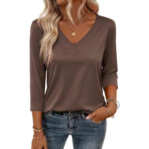 imageZeagoo 34 Length Sleeve Womens Tops V Neck Shirt Dressy Casual Blouse Basic Tshirts 2025 Fashion Clothing S2XLBrown