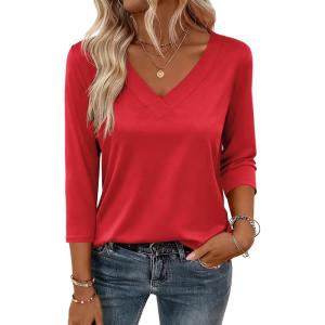 imageZeagoo 34 Length Sleeve Womens Tops V Neck Shirt Dressy Casual Blouse Basic Tshirts 2025 Fashion Clothing S2XLRed