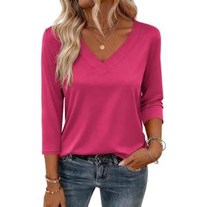 imageZeagoo 34 Length Sleeve Womens Tops V Neck Shirt Dressy Casual Blouse Basic Tshirts 2025 Fashion Clothing S2XLRose Red