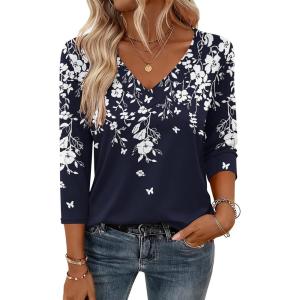 imageZeagoo 34 Length Sleeve Womens Tops V Neck Shirt Dressy Casual Blouse Basic Tshirts 2025 Fashion Clothing S2XLSf103