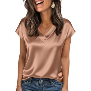 imageZeagoo Women Silk Stain Tops Cap Short Sleeve Blouse V Neck Shirts Business Casual Outfits S2XLLight Coffee